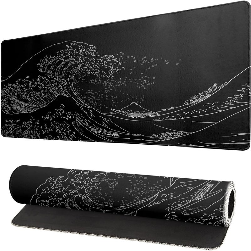 Brecoy Japanese Sea Wave Large Mouse Pad, Anime Black Gaming, Extended Kanagawa Mat Desk Pad, 3mm Thick Long Non-Slip Rubber Base Mice Pad, 31.5 X 11.8 Inch - Image 1